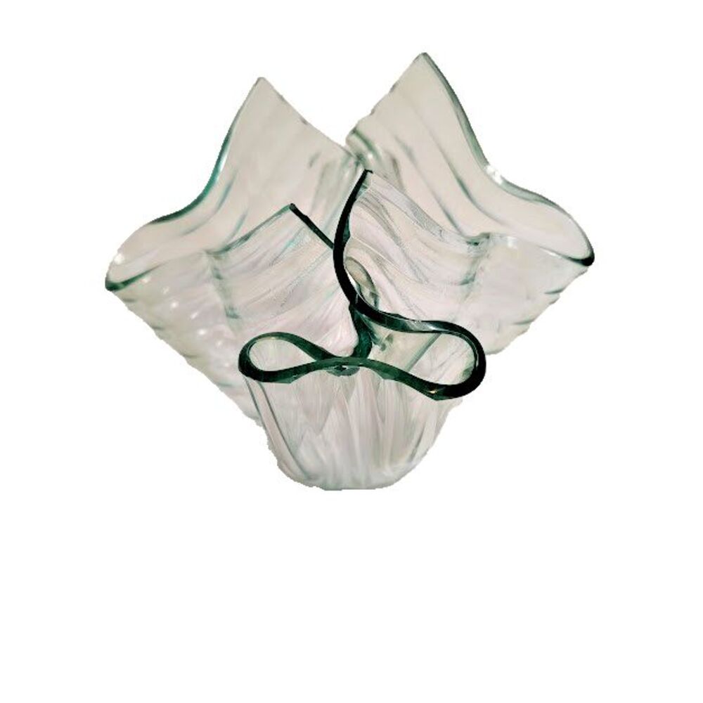 Tony Serviente Green Art Glass Vase Folded Handkerchief Signed Ribbed 1992